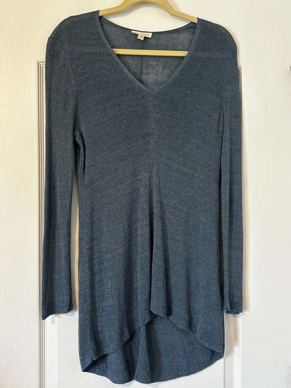 Eileen Fisher Organic Linen Blend V-Neck Long Sleeve Asymmetrical Tunic Top